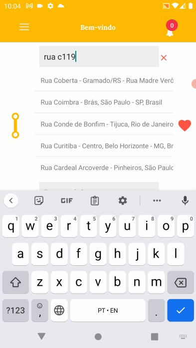 Aplicativo de Mobilidade – Tela de escolha de endereço com busca em tempo real, sugestões automáticas e mapa interativo no estilo Uber.